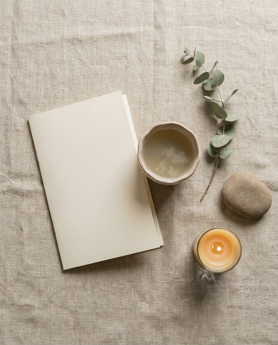 A calm cream guide resting on linen beside tea, dried eucalyptus and a lit candle