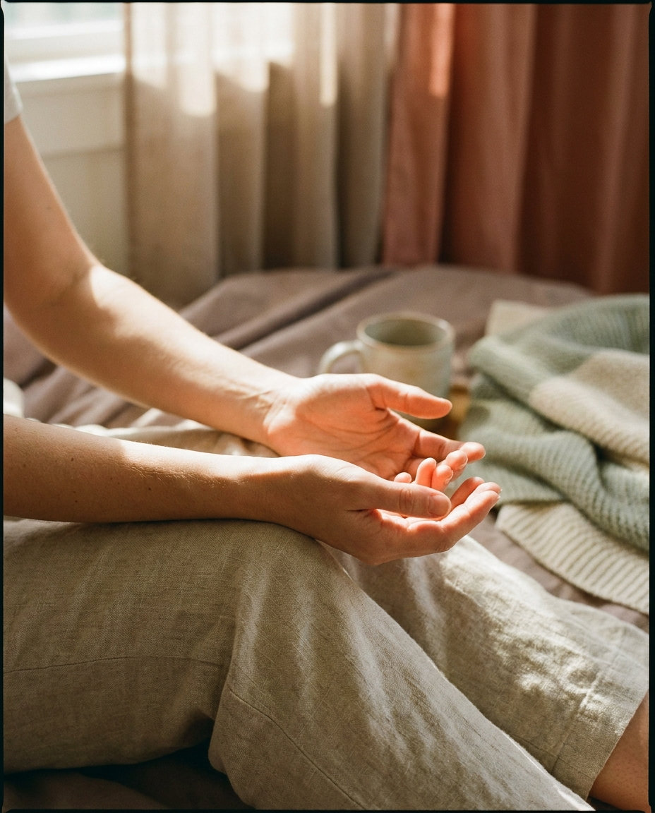 A woman's hands resting open and relaxed in soft morning light