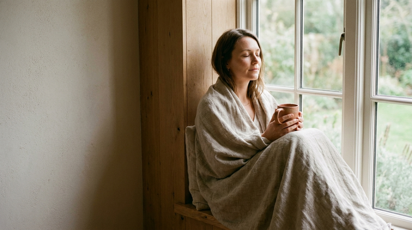 A woman wrapped in linen sitting in soft morning light, holding a warm ceramic mug with her eyes gently closed